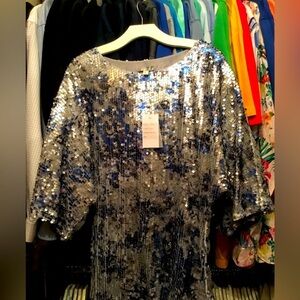 Alberto Makali White Silver and Blue Sequin Top Size Large